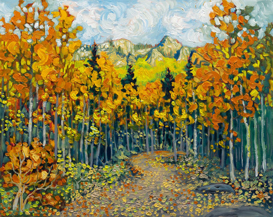 An impressionistic oil painting of an autumn forest path with vibrant orange and yellow aspen trees, dark green pines, distant mountains, and a swirling blue and white sky.