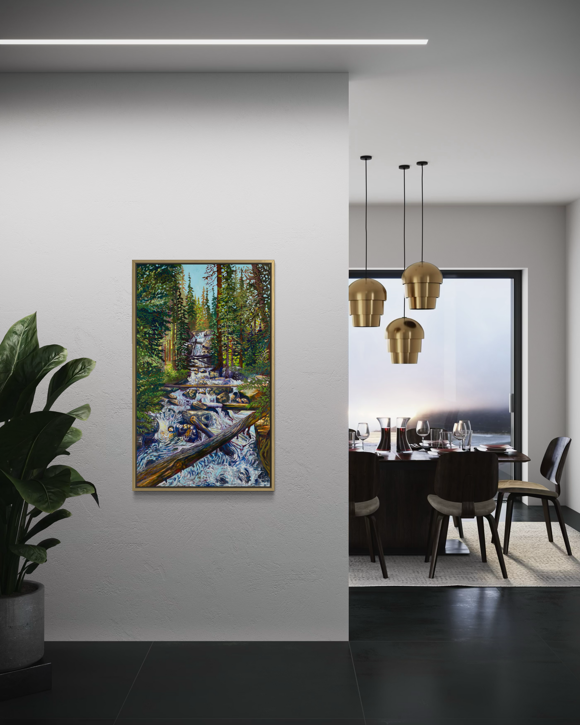 Wild Basin Waterfall canvas print in maple float frame, hallway