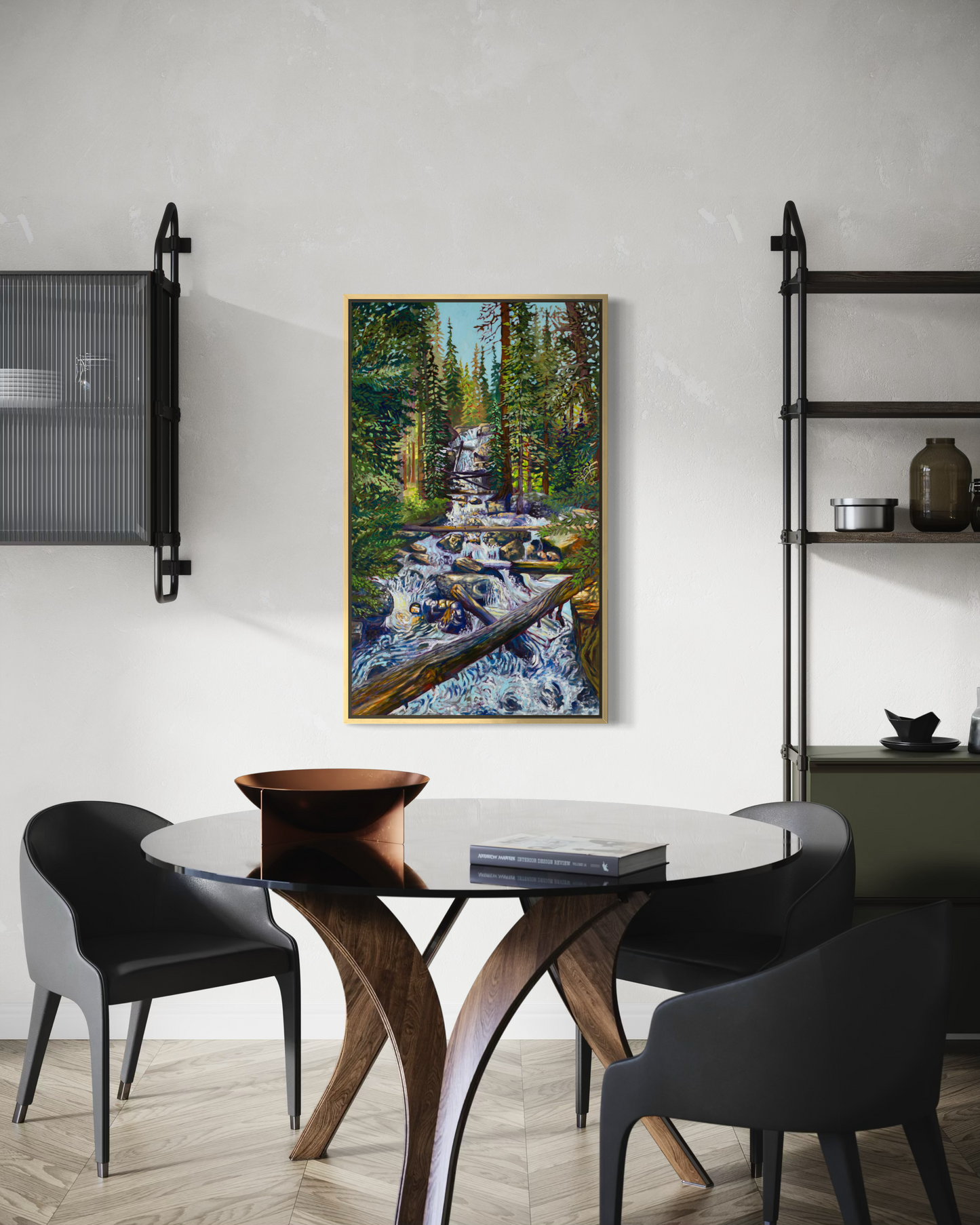Wild Basin Waterfall canvas print in gold float frame, dining room